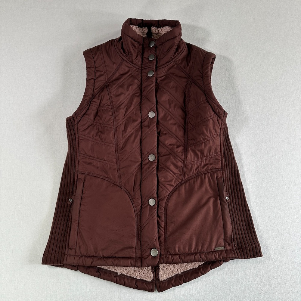 Prana Diva Vest Womens L Brown Sherpa Lined Sleeveless Full Zip Snap Jacket